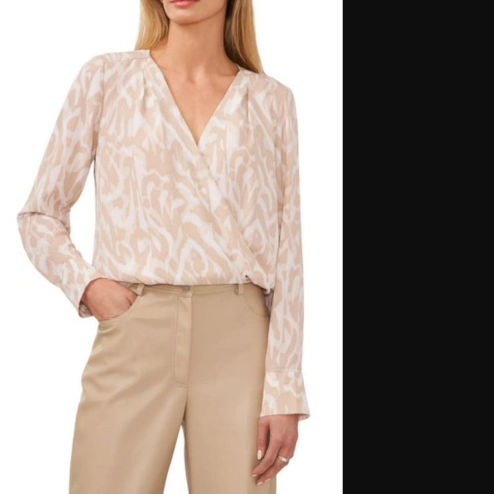 NWT - Halogen Cross Front Blouse in Tan Scrolling Lines - Size L
